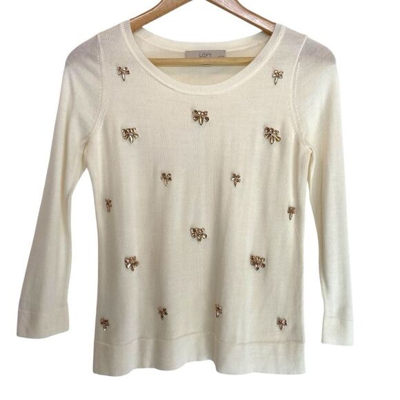 LOFT Tops - LOFT Ann Taylor Wool Blend Embellished Crewneck Long Sleeve Top Women's Size SP
